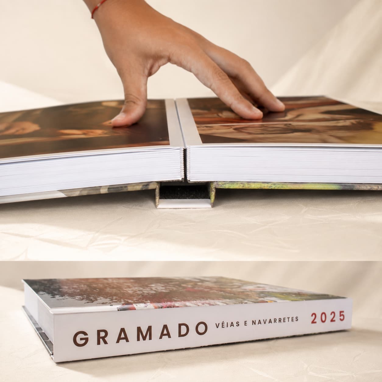 Detalhe do Álbum Imperdível aberto em 180 graus, com páginas rígidas e lombada personalizada