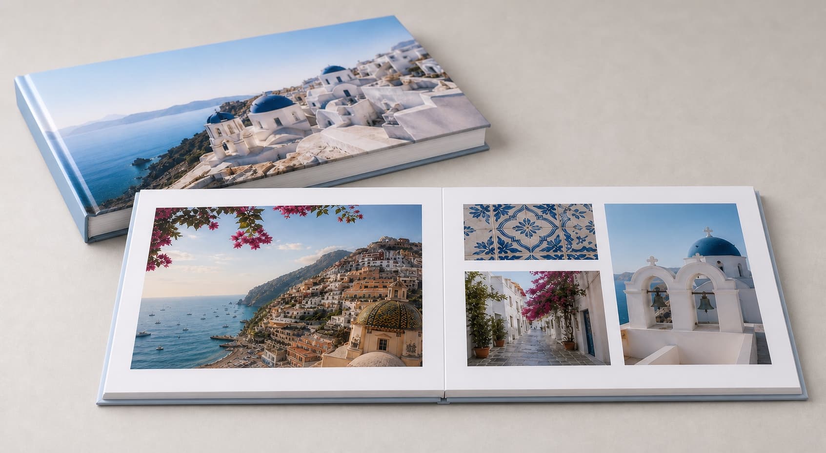 Álbum aberto mostrando uma montagem com fotos separadas por margens